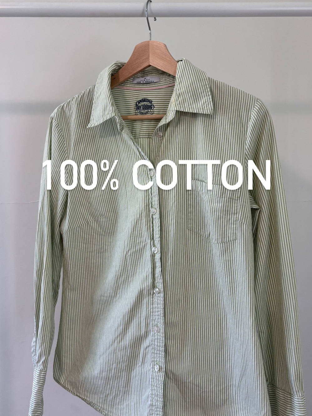 Cambridge Dry Goods Light Green Striped Button-Up Shirt | 100% cotton | M slim